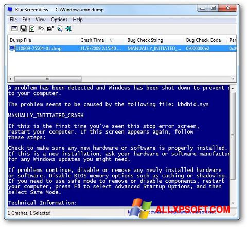 Скріншот BlueScreenView для Windows XP