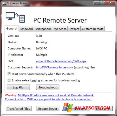 Скріншот PC Remote Server для Windows XP