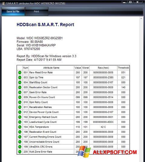 Скріншот HDDScan для Windows XP
