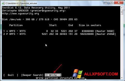 Скріншот TestDisk для Windows XP