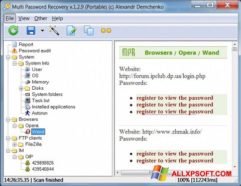 Скріншот Multi Password Recovery для Windows XP