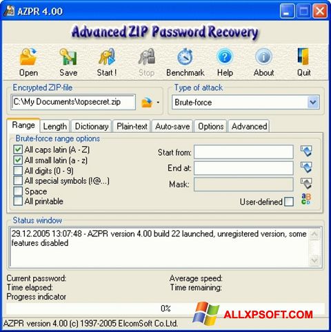 Скріншот Advanced Archive Password Recovery для Windows XP