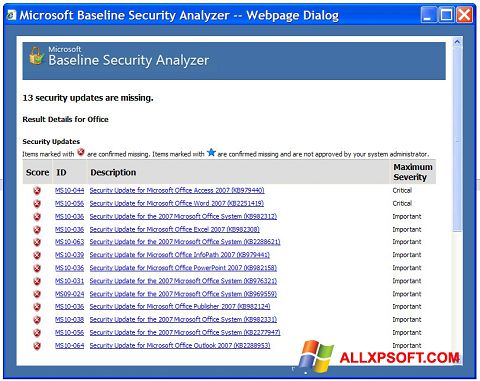 Скріншот Microsoft Baseline Security Analyzer для Windows XP