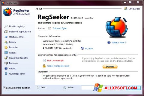 Скріншот RegSeeker для Windows XP