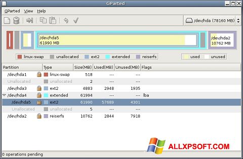 Скріншот GParted для Windows XP