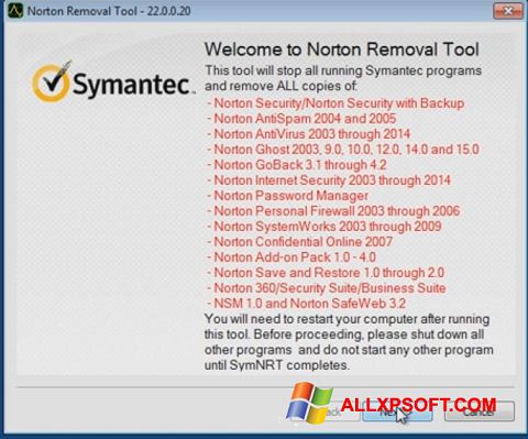 Скріншот Norton Removal Tool для Windows XP