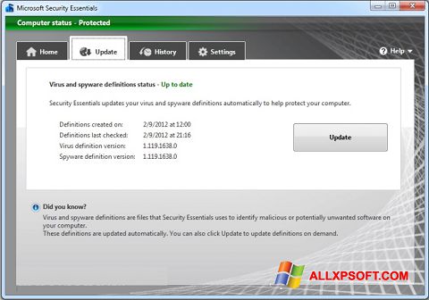 Скріншот Microsoft Security Essentials для Windows XP